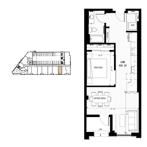 Floor plan for 1 bed, 1 bath, 695 sqft